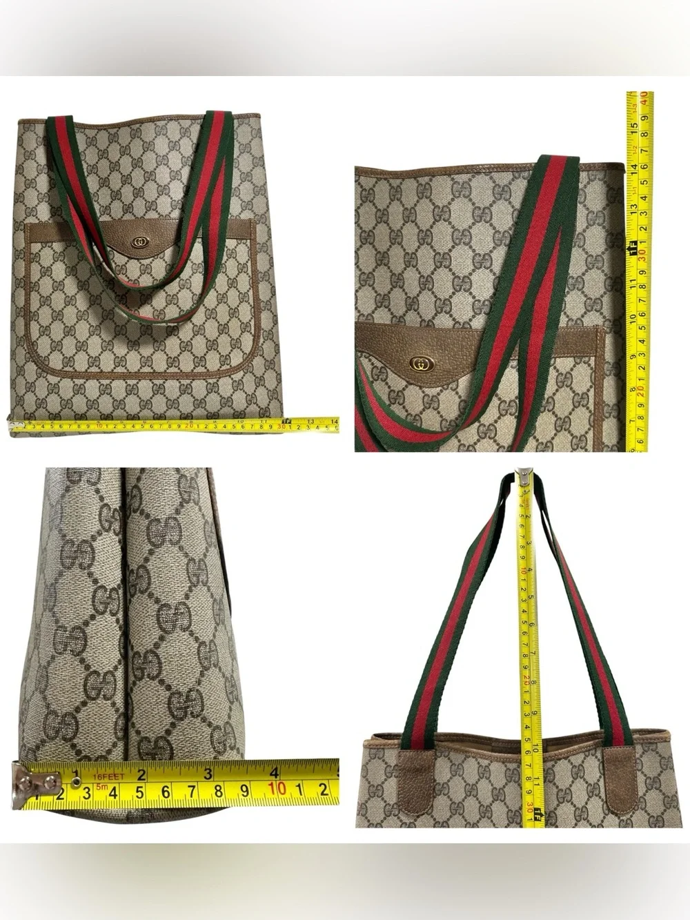Gucci GG Supreme Web Monogram Canvas & Green Red Sherry Stripe Tote Bag
